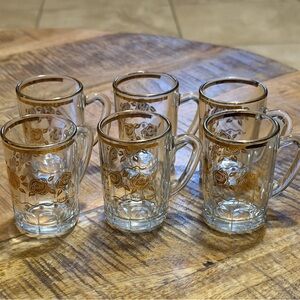 Vintage Glass Decover Italy Mini Tea Mugs Glasses Gold Rim Set Of Six MCM Roses